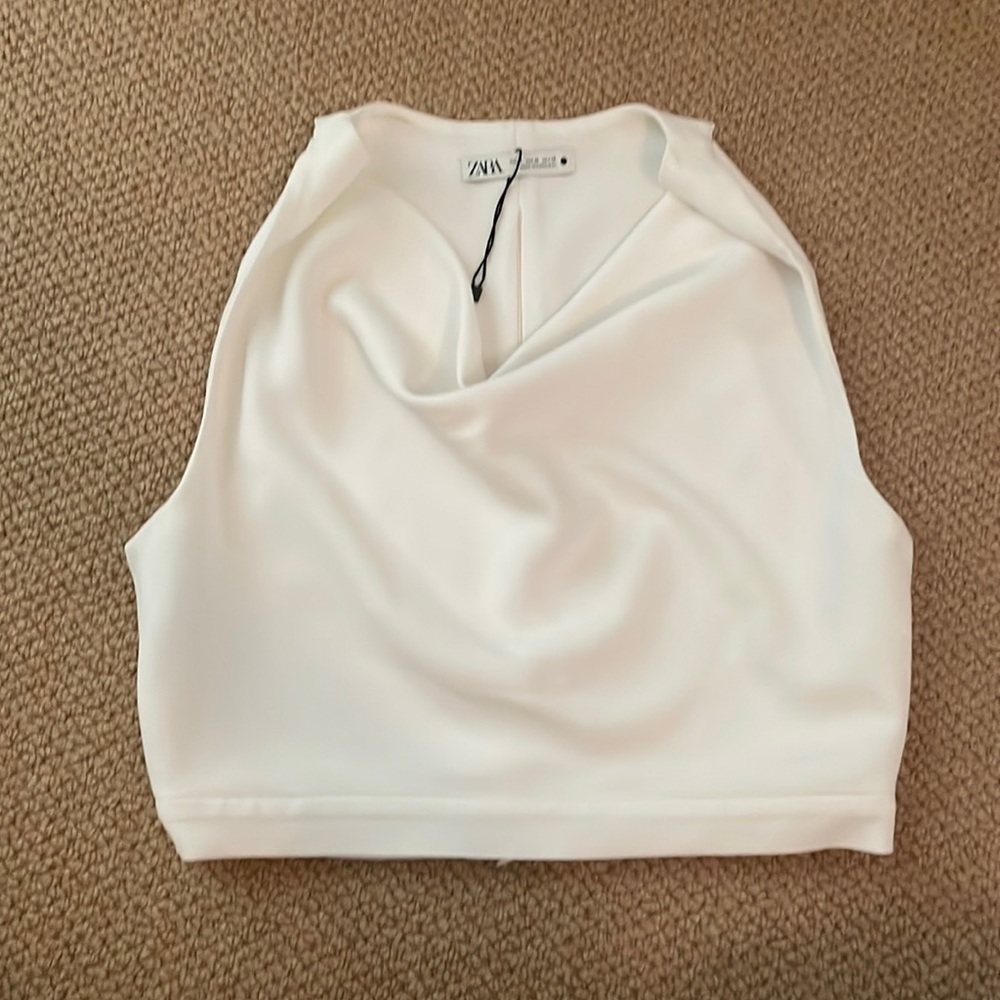 white zara tank top crop top cowl neck